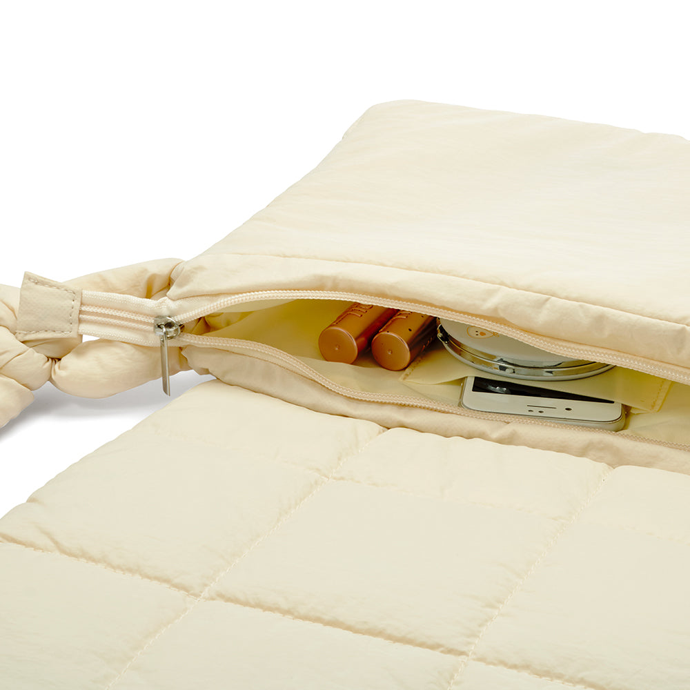 ★EMS★ NYLON PADDED CROSSBODY BAGBEIGE FashionPuzzle Quilted Nylon Crossbody Bag with Wide Strap